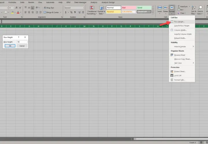 Jak odkryć wszystkie wiersze w Excel? Kliknij Format, a następnie wybierz "Wysokość wiersza".