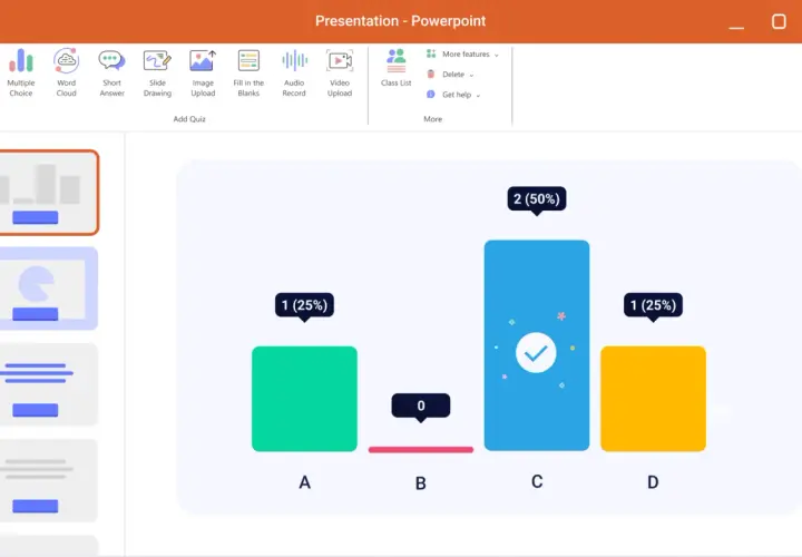 Interfejs PowerPoint z opcjami dodawania quizów, nagrań audio i wideo. Widoczny wykres słupkowy z wynikami.
