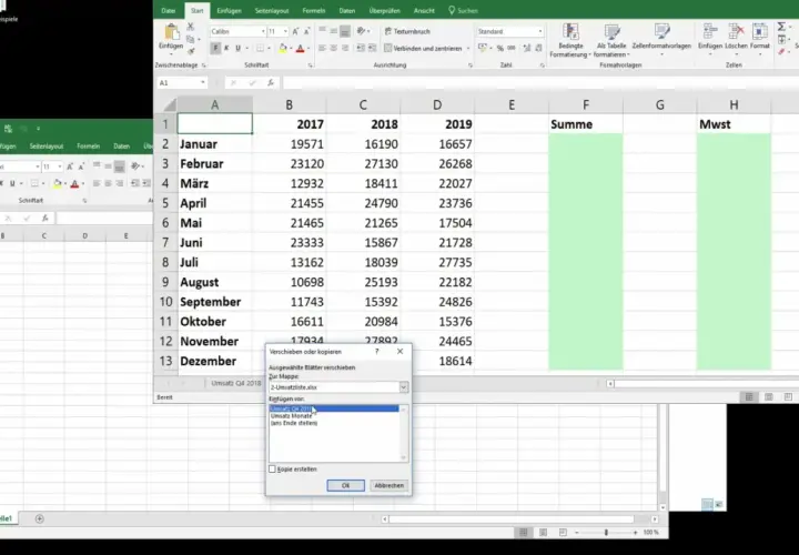 Okno dialogowe "Przesuń lub kopiuj" w Excelu, gdzie użytkownik chce wyszukać pionowo z innego arkusza Excel, wybierając "Umsatz Q4 2019".