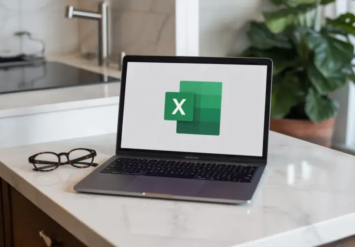 Laptop z logo Excel na ekranie, obok okulary.