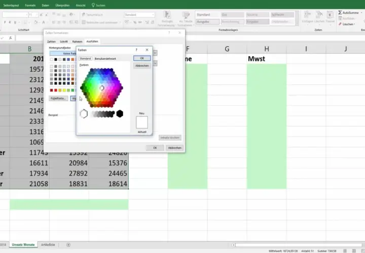 Excel: okno dialogowe "Formatowanie komórek" z paletą kolorów do ustawienia tła, pokazujące jak działa formatowanie warunkowe w zależności od innej komórki.