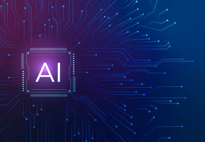Sztuczna inteligencja (AI) jako serce cyfrowego świata, na którym robi się prezentacje o przyszłości technologii.