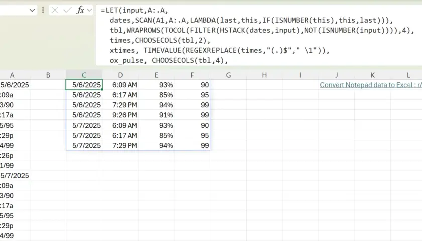 Excel z formułą LET, która przetwarza dane z kolumny A, tworząc tabelę z datami, godzinami, procentami i liczbami. Ta zaawansowana funkcja indeks excel pozwala na efektywne zarządzanie danymi.