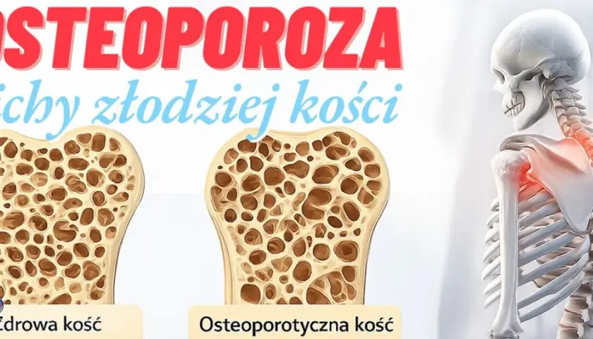 Osteoporoza - cichy złodziej kości. Porównanie zdrowej i osteoporotycznej kości. Szkielet z zaznaczonym bólem w obrębie barku.