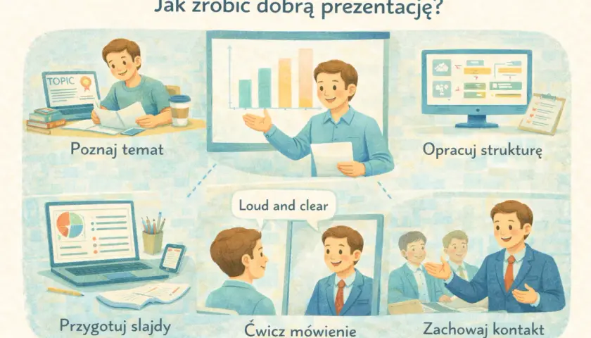 Ilustracja przedstawia zasady tworzenia prezentacji: poznaj temat, opracuj strukturę, przygotuj slajdy, ćwicz mówienie, zachowaj kontakt.