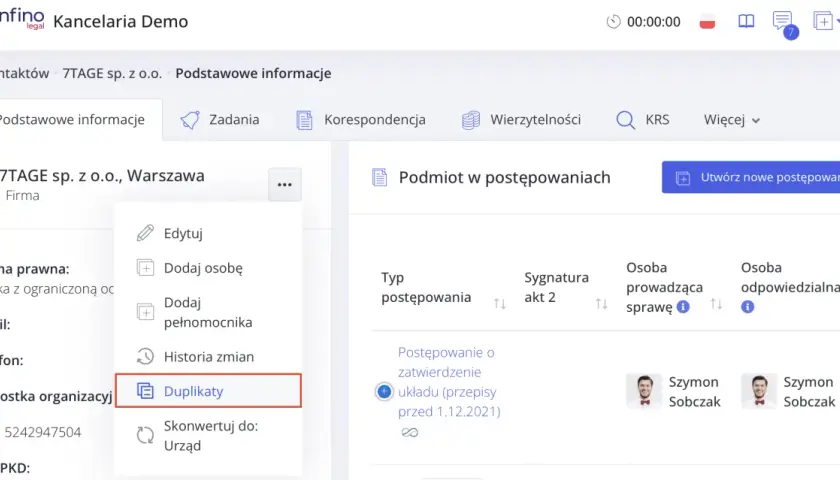 Menu kontekstowe z opcją "Duplikaty" - przydatne, gdy chcesz wiedzieć, jak usunąć duplikaty w Excelu, ale tutaj dotyczy danych firmy.