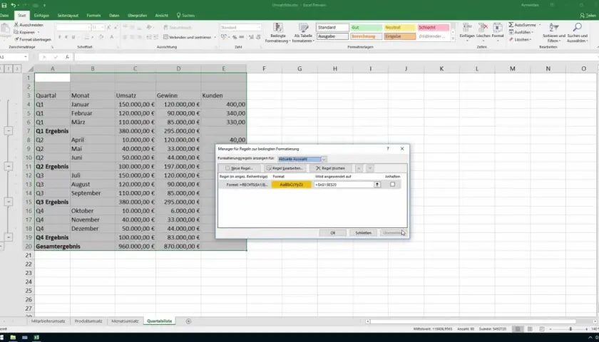 Excel pokazuje sumy częściowe dla kwartałów i całkowity wynik sprzedaży.