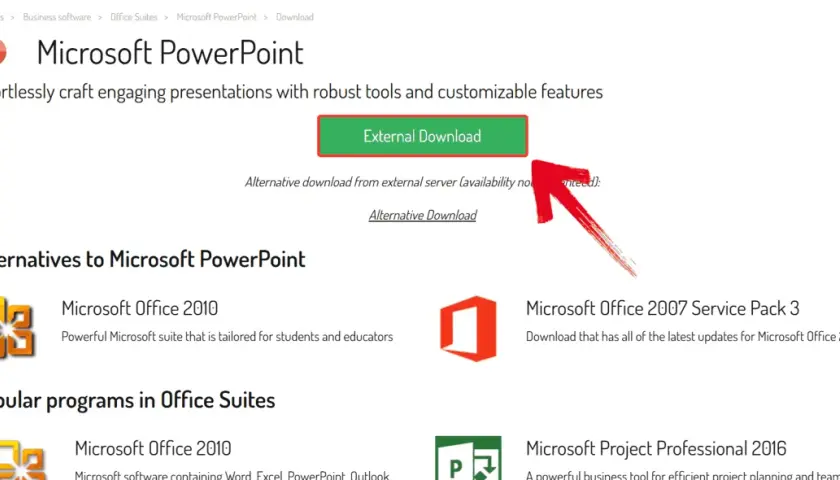 Strona pobierania Microsoft PowerPoint. Kliknij "External Download", aby dowiedzieć się, jak zainstalować Powerpointa.
