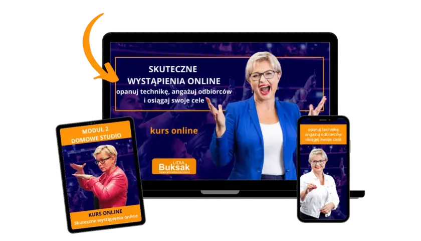 Kurs online "Skuteczne wystąpienia online" Lidia Buksa. Dowiedz się, jak zrobić dobrą prezentację, angażować odbiorców i osiągać cele.