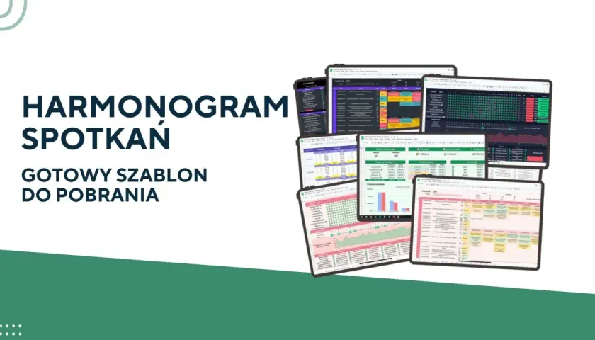 Harmonogram spotkań: gotowe szablony Excel do pobrania. Różnorodne arkusze z danymi i wykresami na ekranach tabletów.
