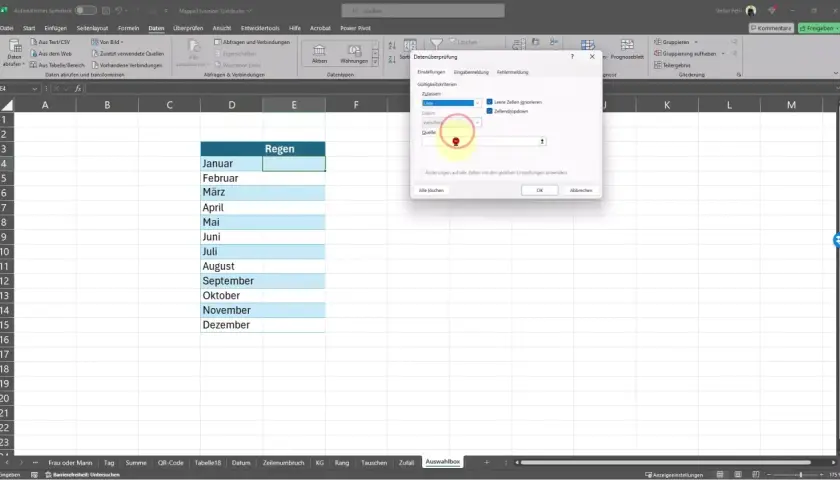 Excel: okno "Sprawdzanie poprawności danych" z listą miesięcy, opcja "Tak/Nie" dla pustych komórek.