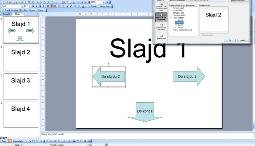 Okno dialogowe "Wstawianie hiperłącza" w programie PowerPoint, z zaznaczonym slajdem 2.