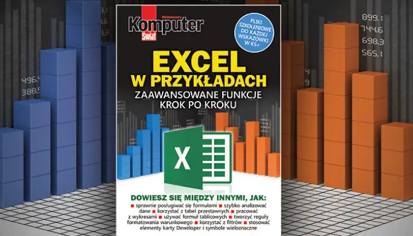 Okładka książki "Excel w przykładach" z ikoną programu i wykresami słupkowymi. Tabela Excel wzór.