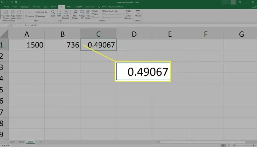 Arkusz kalkulacyjny Excel z liczbami 1500 i 736 oraz wynikiem 0.49067.