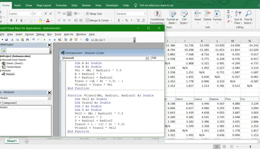 Okno edytora VBA w programie Excel z kodem i arkuszem kalkulacyjnym.