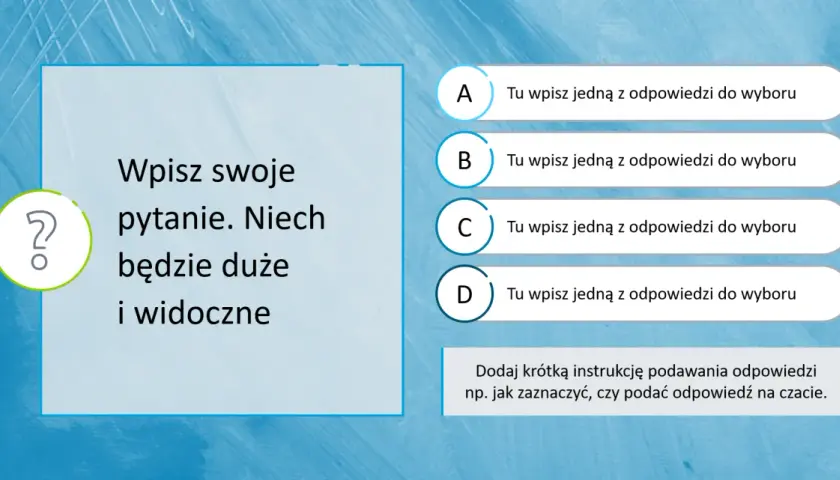 Szablon prezentacji z pytaniem i czterema odpowiedziami. Dowiedz się, jak połączyć kilka prezentacji w jedną powerpoint, tworząc interaktywne quizy.