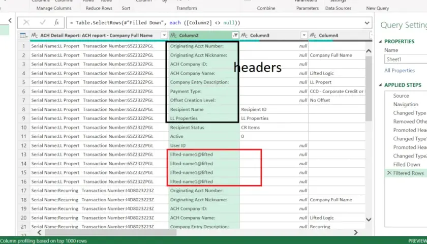 Widok tabeli w Power Query, gdzie zastosowano excel grupowanie wierszy. Widać kolumny z danymi i zastosowane kroki transformacji.