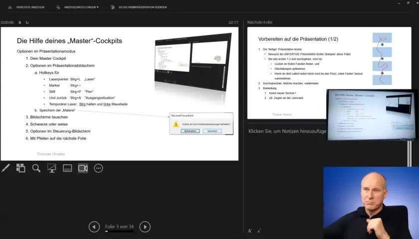 Widok prezentera PowerPoint z listą opcji i podglądem slajdu.