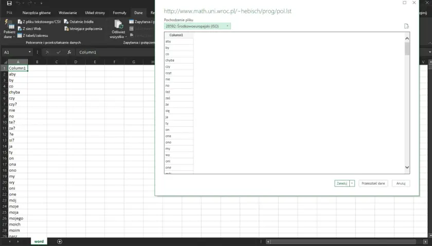 Excel pokazuje, jak utworzyć plik CSV, importując dane z listy słów.