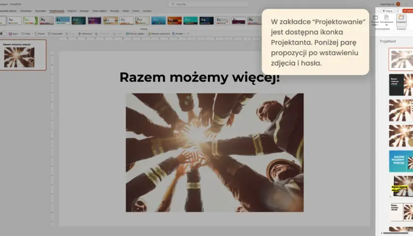 Jak skopiować slajd z jednej prezentacji do drugiej w PowerPoint. Widok Projektanta podpowiada, jak to zrobić.