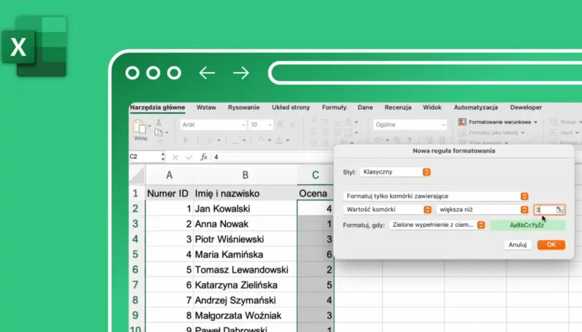 Excel zadania z rozwiązaniami: tworzenie reguły formatowania warunkowego dla ocen większych niż 3.