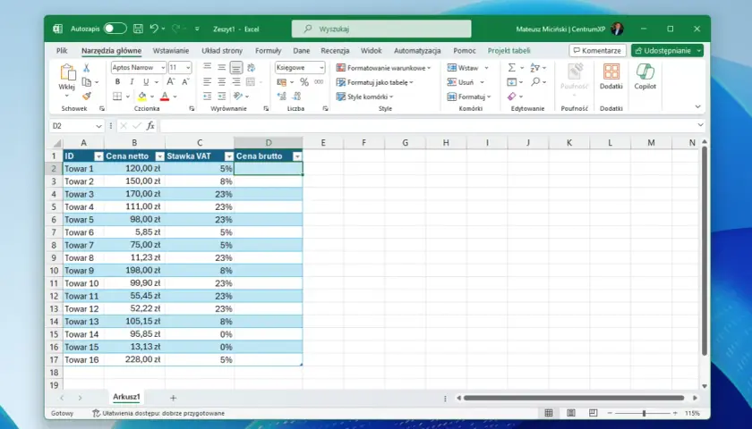 Arkusz kalkulacyjny Excel z kolumnami: ID, Cena netto, Stawka VAT, Cena brutto. Pokazuje, jak obliczyć VAT w Excelu, dodając procent VAT do ceny netto.