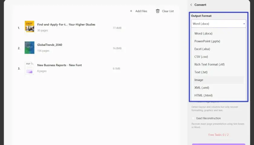 Jak zamienić PDF na Word? Wybierz format wyjściowy "Word (.docx)" w programie do konwersji plików.