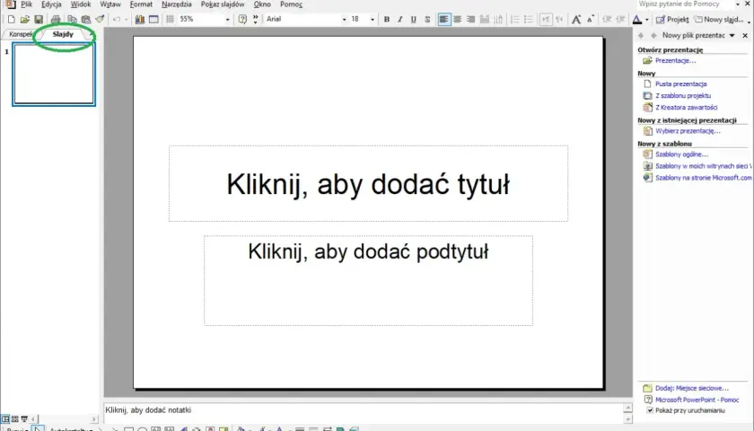 Widok programu PowerPoint, gdzie tworzy się prezentacje. Na ekranie widać pusty slajd z polem na tytuł i podtytuł. To właśnie jest podstawa, by zacząć tworzyć swoją prezentację, czyli ppt.