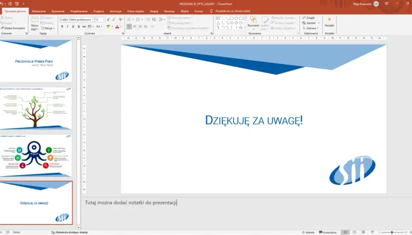 Ostatni slajd prezentacji Power Point z napisem "Dziękuję za uwagę!" i logo. To przykład, jak zrobić prezentację multimedialną.