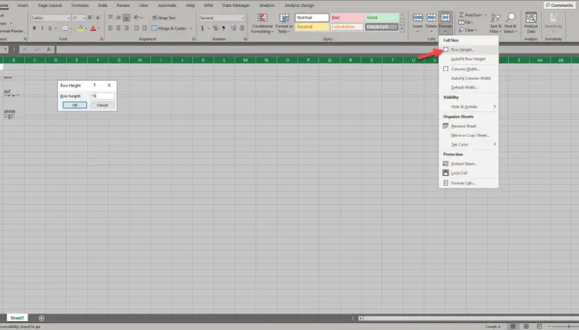 Jak odkryć wszystkie wiersze w Excel? Kliknij Format, a następnie wybierz "Wysokość wiersza".