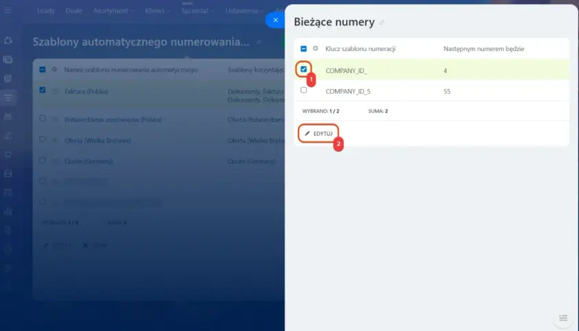Widok edycji szablonów automatycznego numerowania w Excelu. Wybrano szablon "COMPANY_ID", który będzie następnym numerem 4.