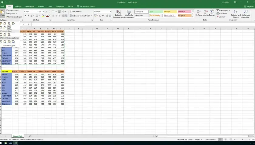 Tabela Excel z danymi miesięcznymi i nazwami osób w kolumnach. Widoczne kolumny a wiersze Excel, dane liczbowe i nagłówki.