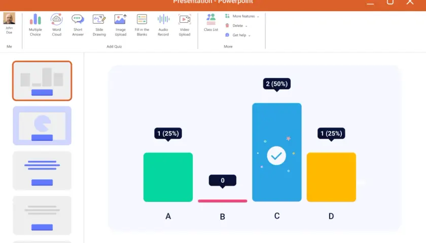 Interfejs PowerPoint z opcjami dodawania quizów, nagrań audio i wideo. Widoczny wykres słupkowy z wynikami.