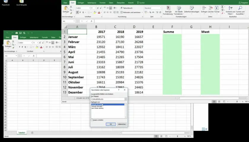Okno dialogowe "Przesuń lub kopiuj" w Excelu, gdzie użytkownik chce wyszukać pionowo z innego arkusza Excel, wybierając "Umsatz Q4 2019".