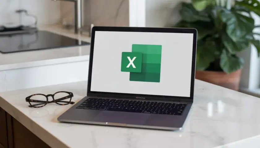 Laptop z logo Excel na ekranie, obok okulary.