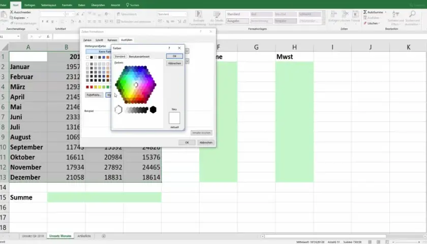Excel: okno dialogowe "Formatowanie komórek" z paletą kolorów do ustawienia tła, pokazujące jak działa formatowanie warunkowe w zależności od innej komórki.