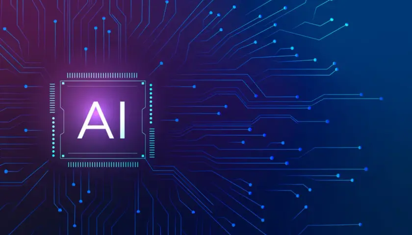 Sztuczna inteligencja (AI) jako serce cyfrowego świata, na którym robi się prezentacje o przyszłości technologii.
