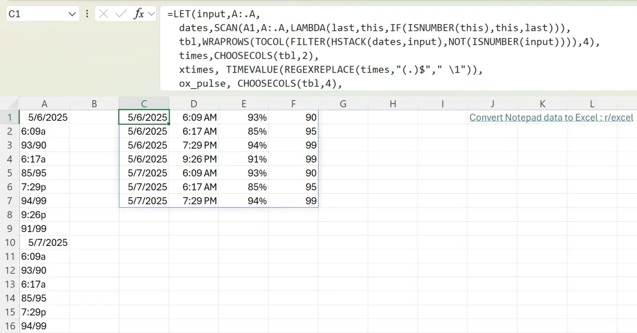 Excel z formułą LET, która przetwarza dane z kolumny A, tworząc tabelę z datami, godzinami, procentami i liczbami. Ta zaawansowana funkcja indeks excel pozwala na efektywne zarządzanie danymi.