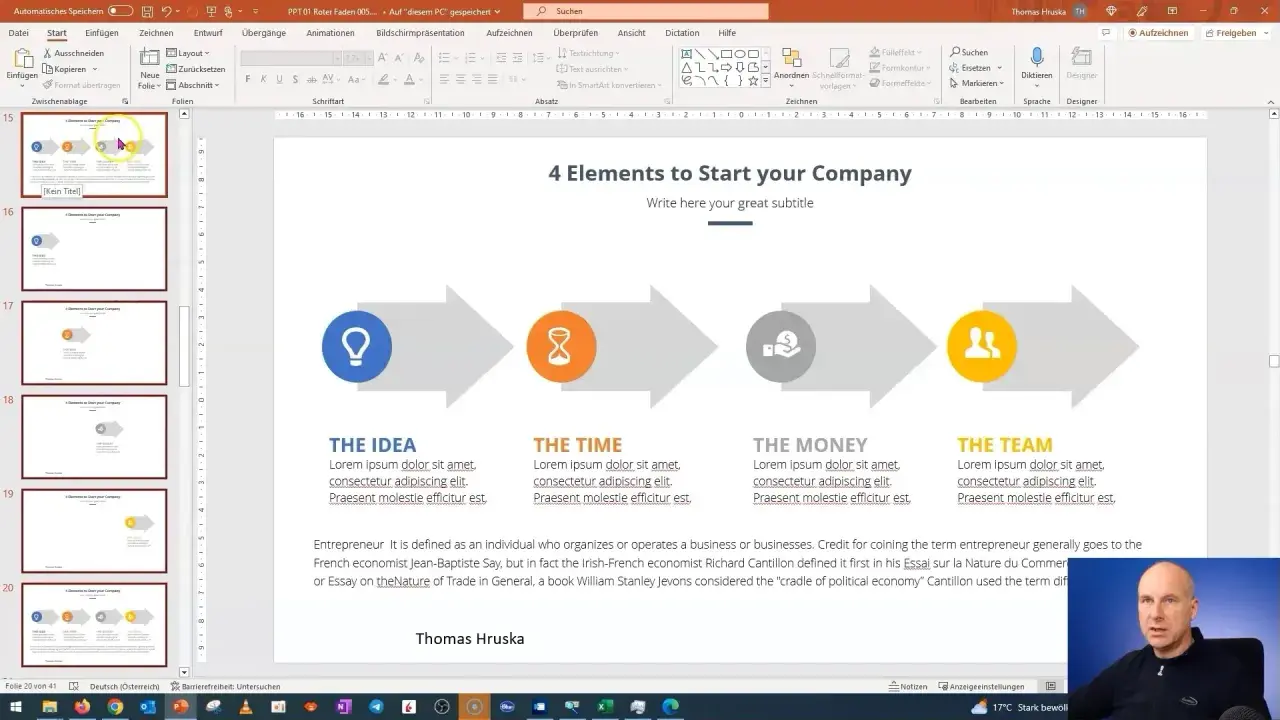 Prezentacja w programie PowerPoint, która pokazuje 4 elementy do rozpoczęcia firmy: pomysł, czas, pieniądze i zespół.