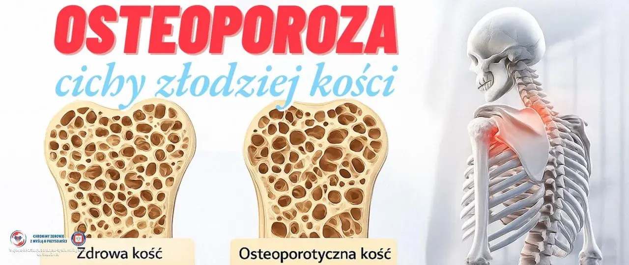 Osteoporoza - cichy złodziej kości. Porównanie zdrowej i osteoporotycznej kości. Szkielet z zaznaczonym bólem w obrębie barku.