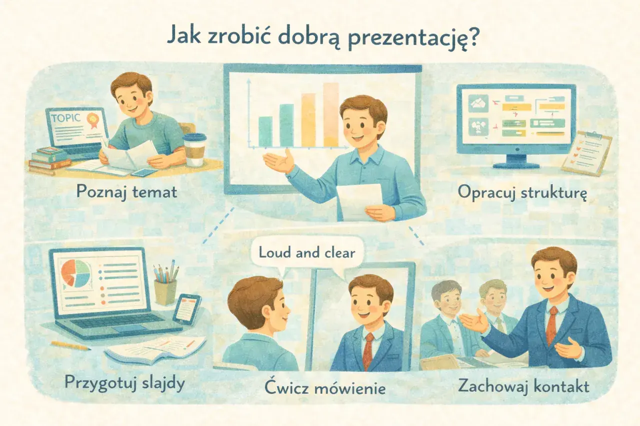 Ilustracja przedstawia zasady tworzenia prezentacji: poznaj temat, opracuj strukturę, przygotuj slajdy, ćwicz mówienie, zachowaj kontakt.