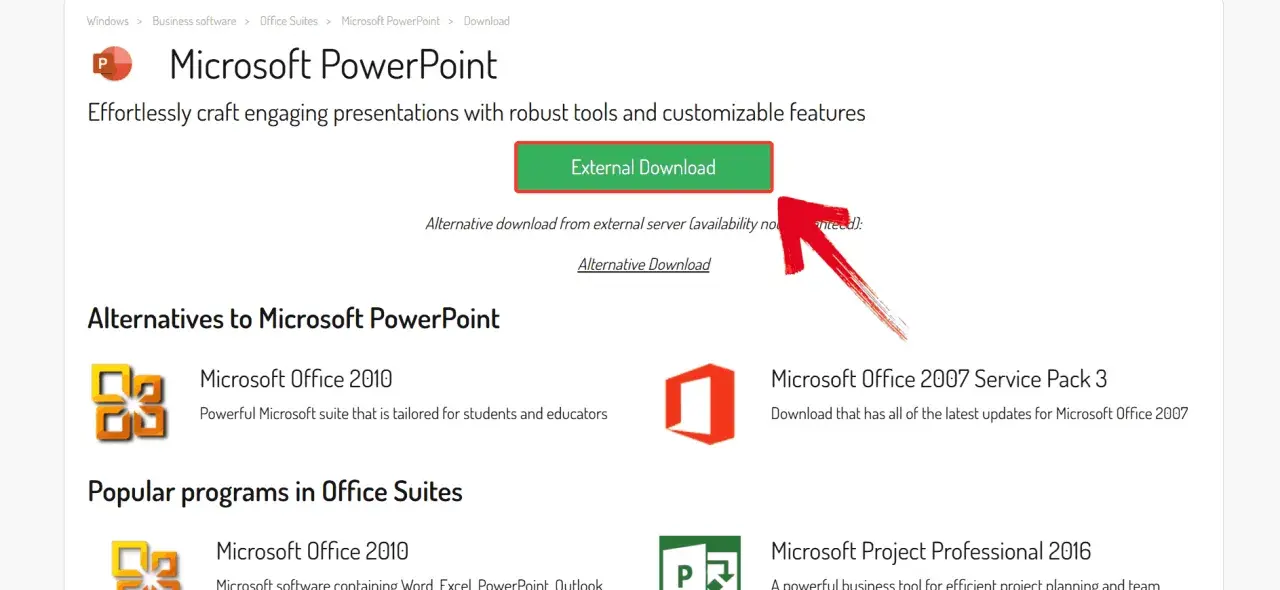 Strona pobierania Microsoft PowerPoint. Kliknij "External Download", aby dowiedzieć się, jak zainstalować Powerpointa.