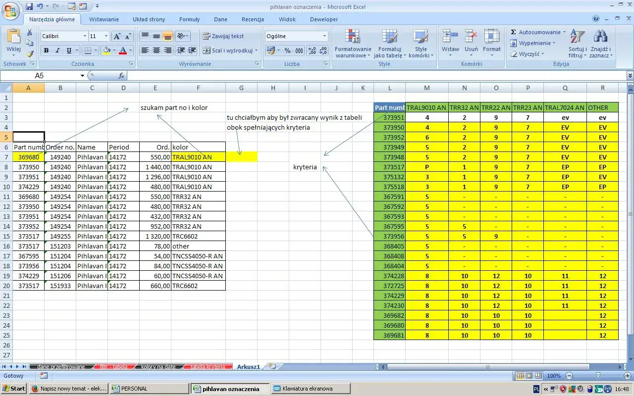 Arkusz Excel z danymi, gdzie szukamy part number i kolor. Widać fragmenty tabeli z danymi i kryteriami, sugerujące użycie funkcji INDEX MATCH.