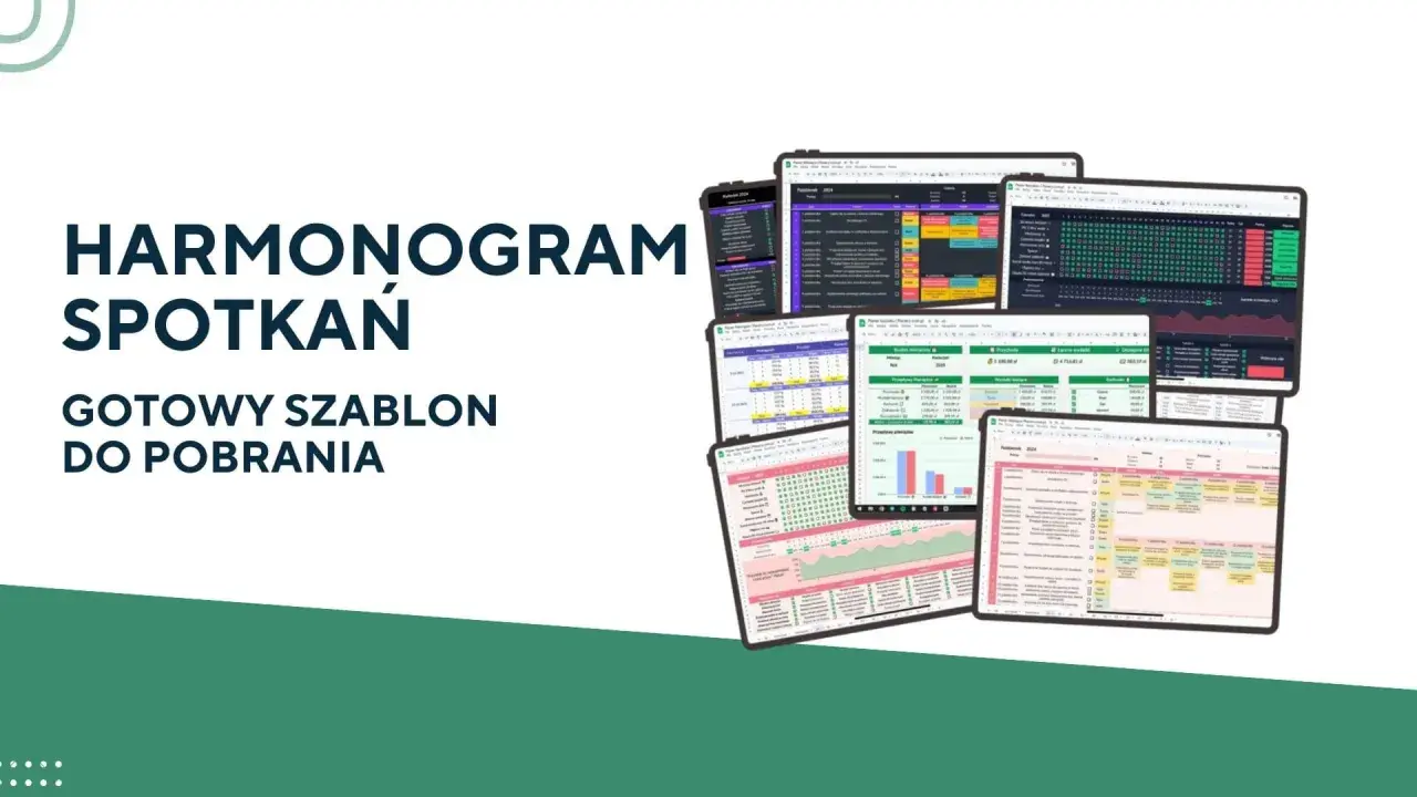 Harmonogram spotkań: gotowe szablony Excel do pobrania. Różnorodne arkusze z danymi i wykresami na ekranach tabletów.