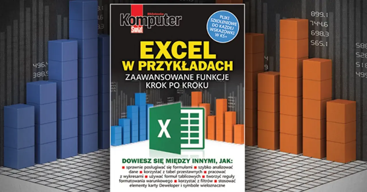 Okładka książki "Excel w przykładach" z ikoną programu i wykresami słupkowymi. Tabela Excel wzór.