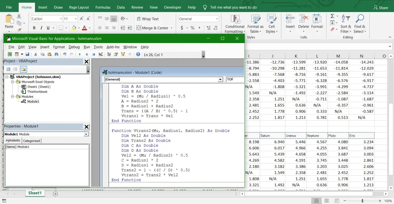 Okno edytora VBA w programie Excel z kodem i arkuszem kalkulacyjnym.