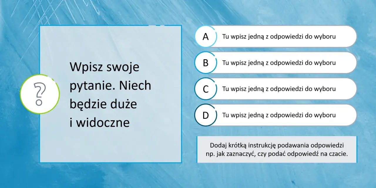 Szablon prezentacji z pytaniem i czterema odpowiedziami. Dowiedz się, jak połączyć kilka prezentacji w jedną powerpoint, tworząc interaktywne quizy.