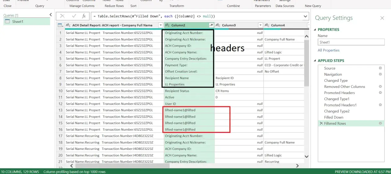Widok tabeli w Power Query, gdzie zastosowano excel grupowanie wierszy. Widać kolumny z danymi i zastosowane kroki transformacji.