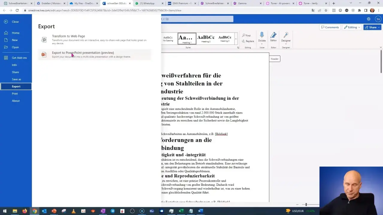 Eksportuj dokument do prezentacji PowerPoint, aby dowiedzieć się, jak zrobić prezentację w Wordzie.