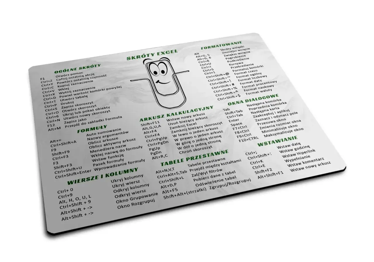 Lista skrótów klawiszowych Excel, ułatwiająca pracę z arkuszem.